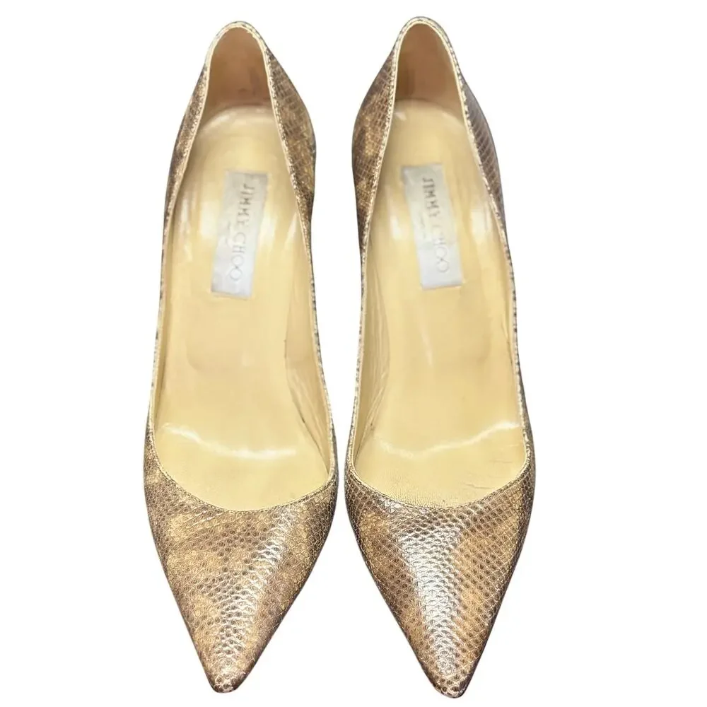 Jimmy Choo Snakeskin Leather Pumps Heels 39 8.5 Brown Pointed Toe Python Italy